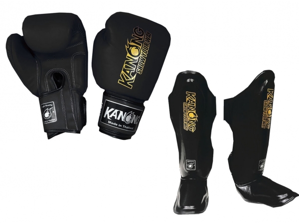 Kanong Real Leather Kit - Boxing Gloves and Shin Pads : Black